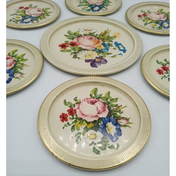 Tin Coasters Vintage Made In Denmark Round Floral Set Of 7 With Gold Trim - Picture 3 of 16